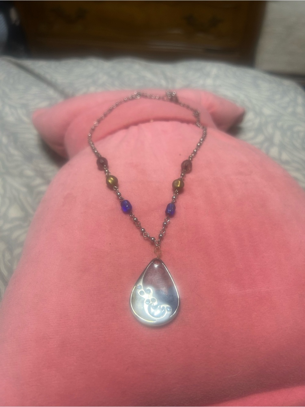 Silver Teardrop Pendant Necklace with Multicolored Beads - Women Jewelry